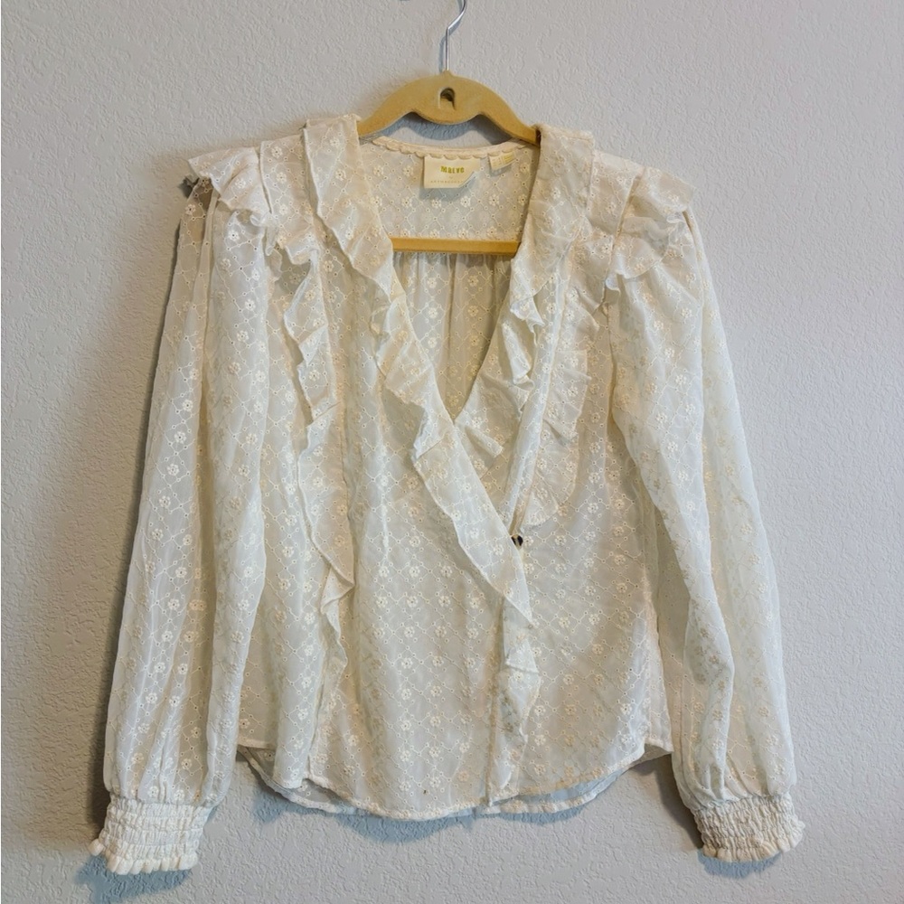 Anthropologie Cream Ruffled Blouse